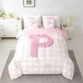 thumbnail image 2 of Manfei Cartoon Initial P Letter Twin Bedding Sets 7-Piece, Pink Bowknot Monogrammed Bedding Comforter Set, Square Buffalo Reversible Sheet Sets, Lightweight Room Decor, 2 of 7