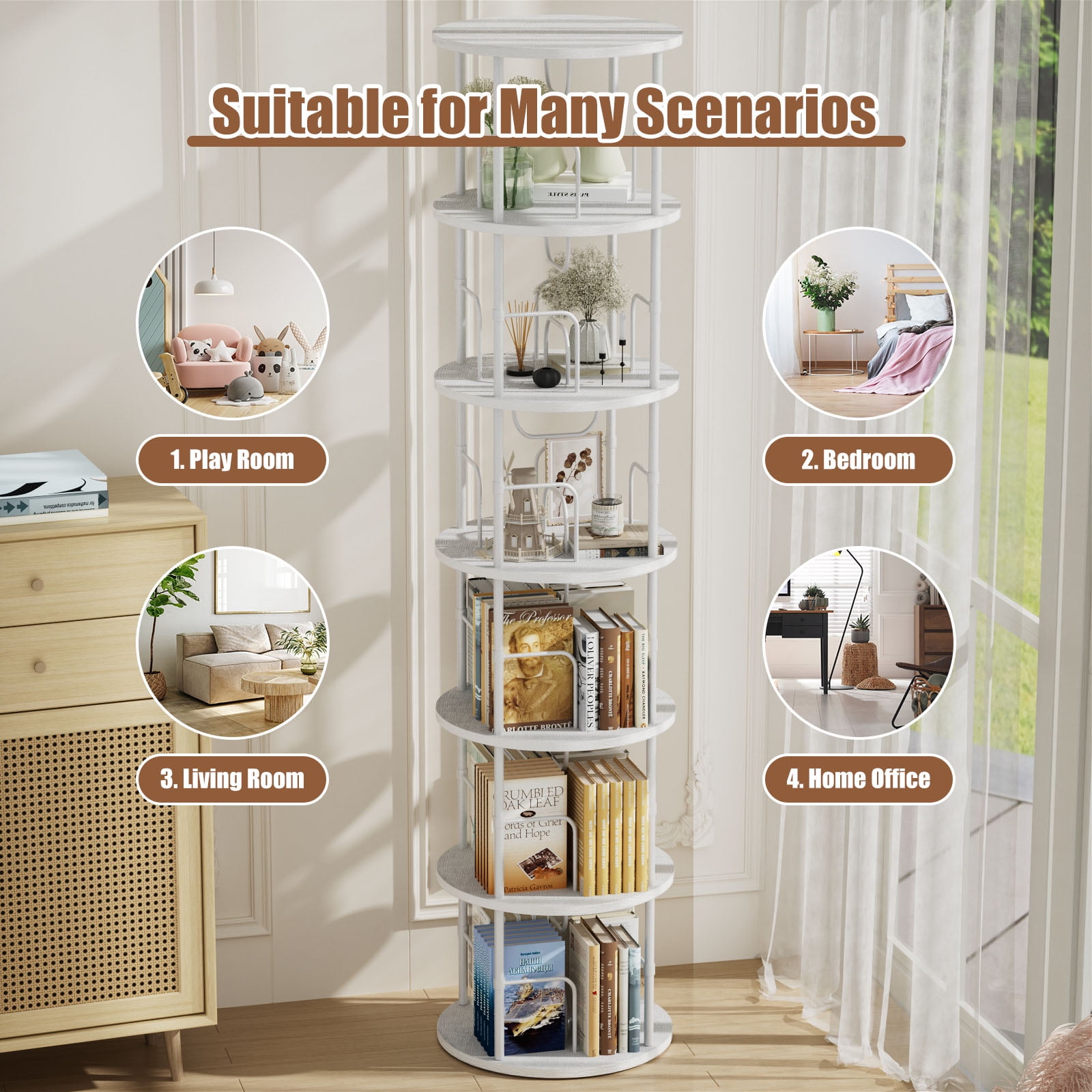 Flycity 6 Tier Rotate Bookcases, 360° Display Spin Bookcases Corner Shelf with Special Visible Partition Storage, White
