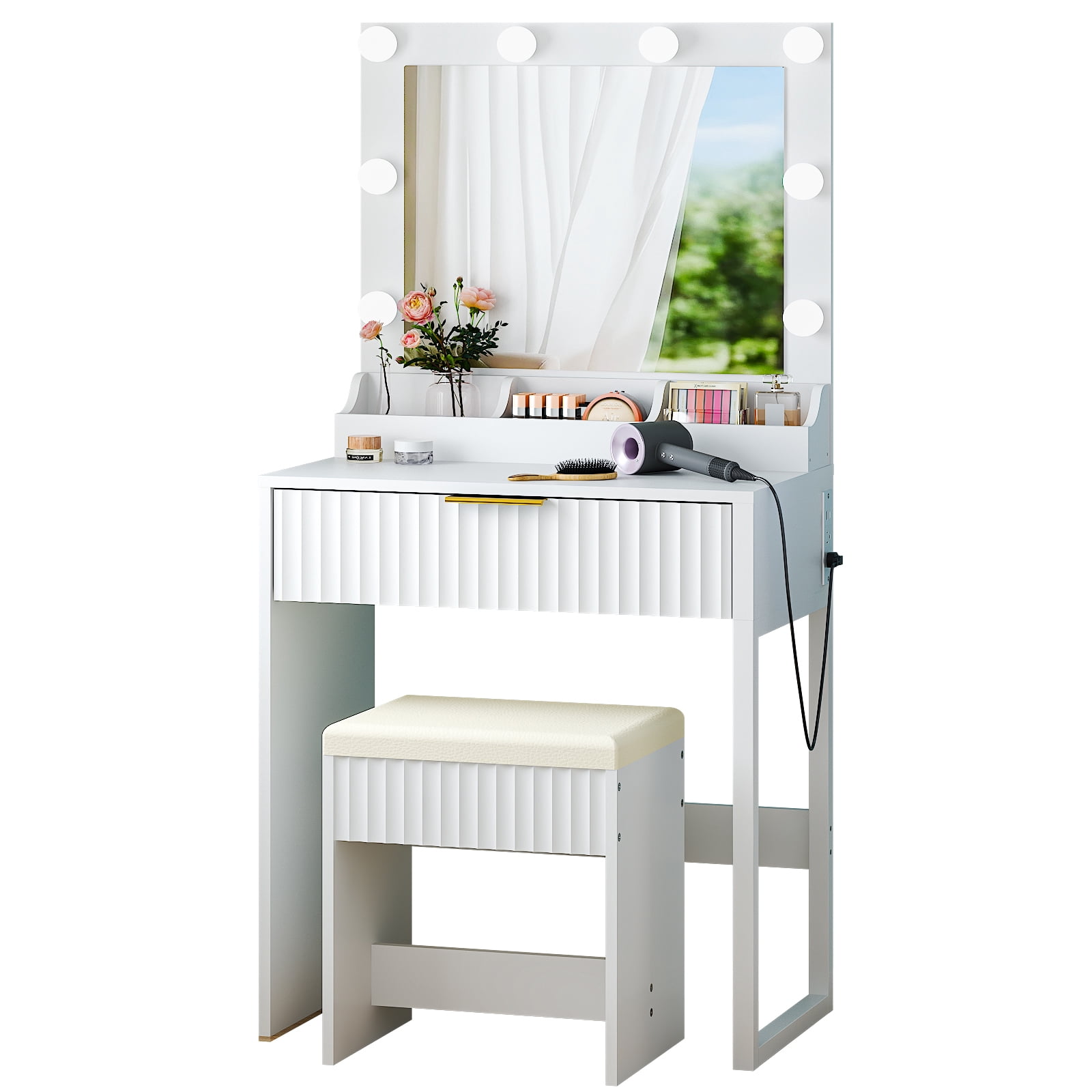 Dressing Table Set with Stool, 1 Drawer, 3 Storage Compartments, 8 Tri-Color LED Bulbs, Power Strip, White