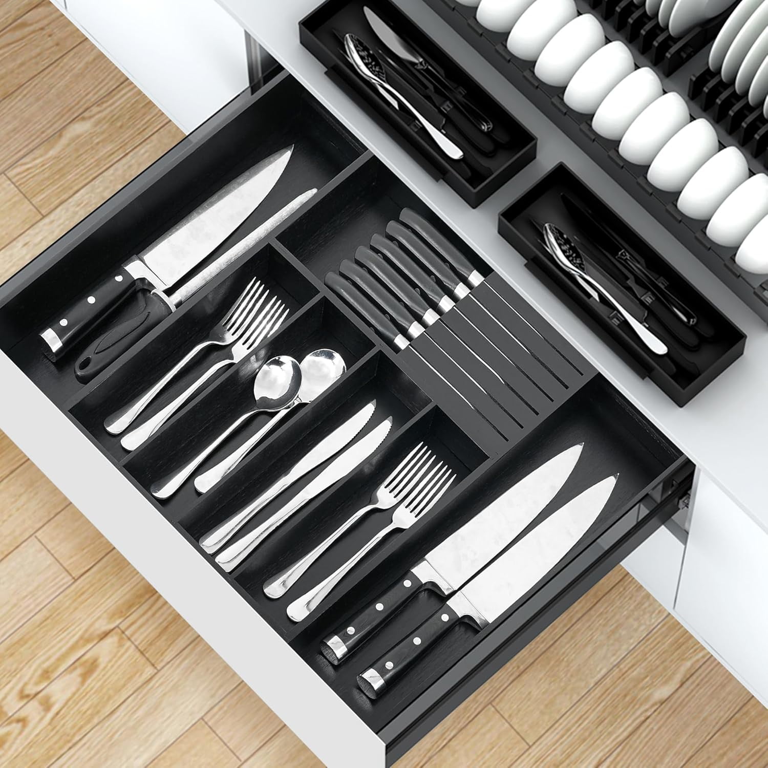 Utoplike Premium Bamboo Silverware Drawer Organizer, Expandable Utensil Tray with Removable Knife Block, 5-7 Compartments for Flatware (Black)