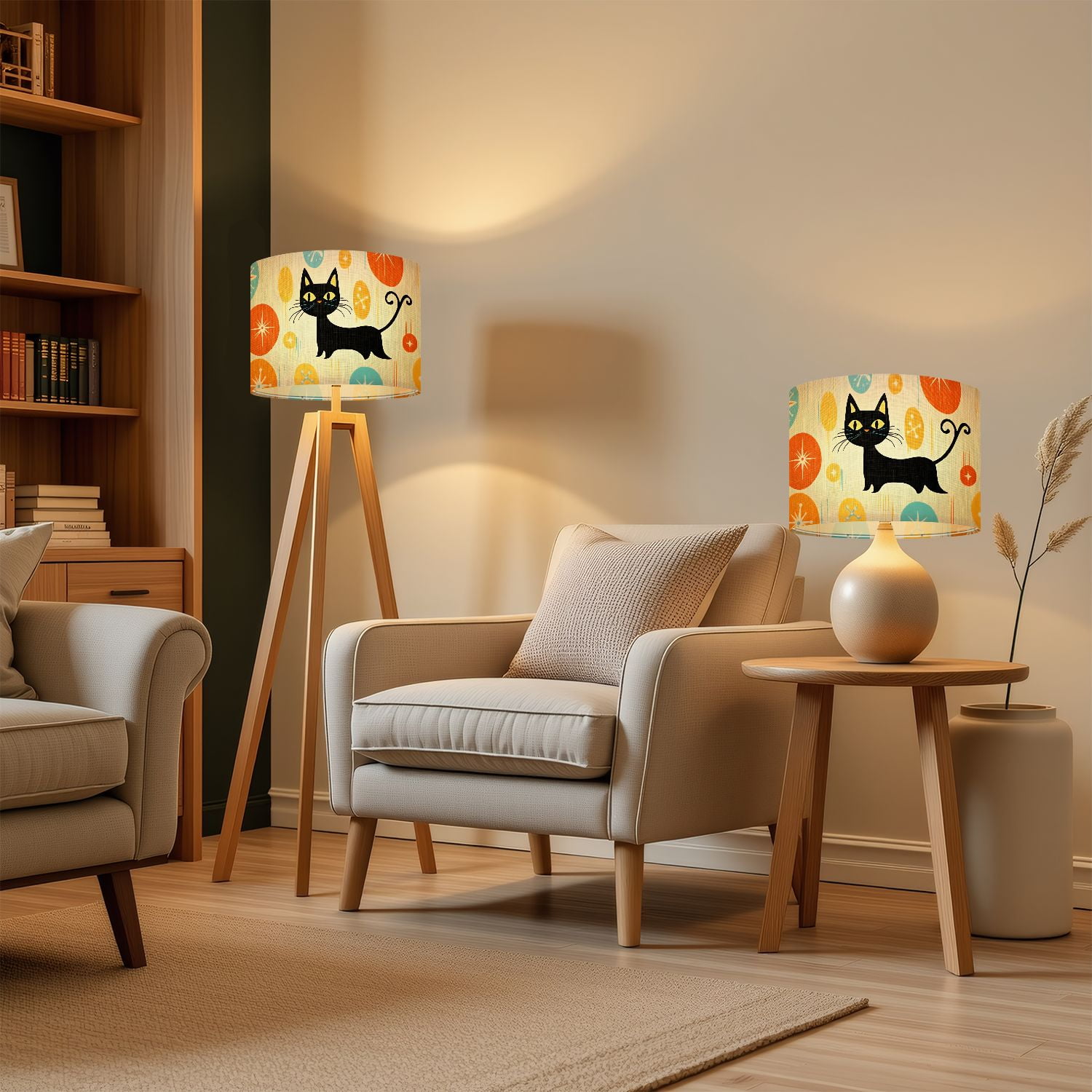 Lampshades 2 Pack Mid Century Black Cat Retro Atomic Starburst Modern Abstract Geometric 13"x13"x10" Light Shade for Table Lamps Floor Lamps Drum Lamp Shades Lampshade Replacement Easy Assembly