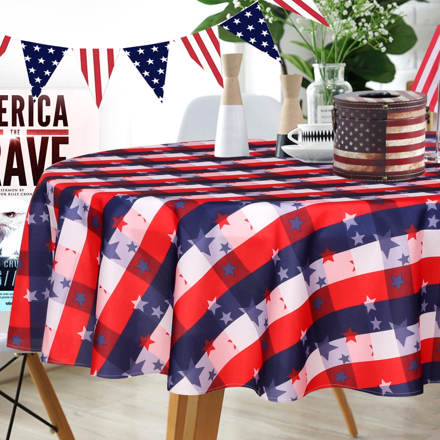 LUSHVIDA Independence Day Flag Tablecloth- 60 inch Round -July 4th TableCloths Patriotic Table 