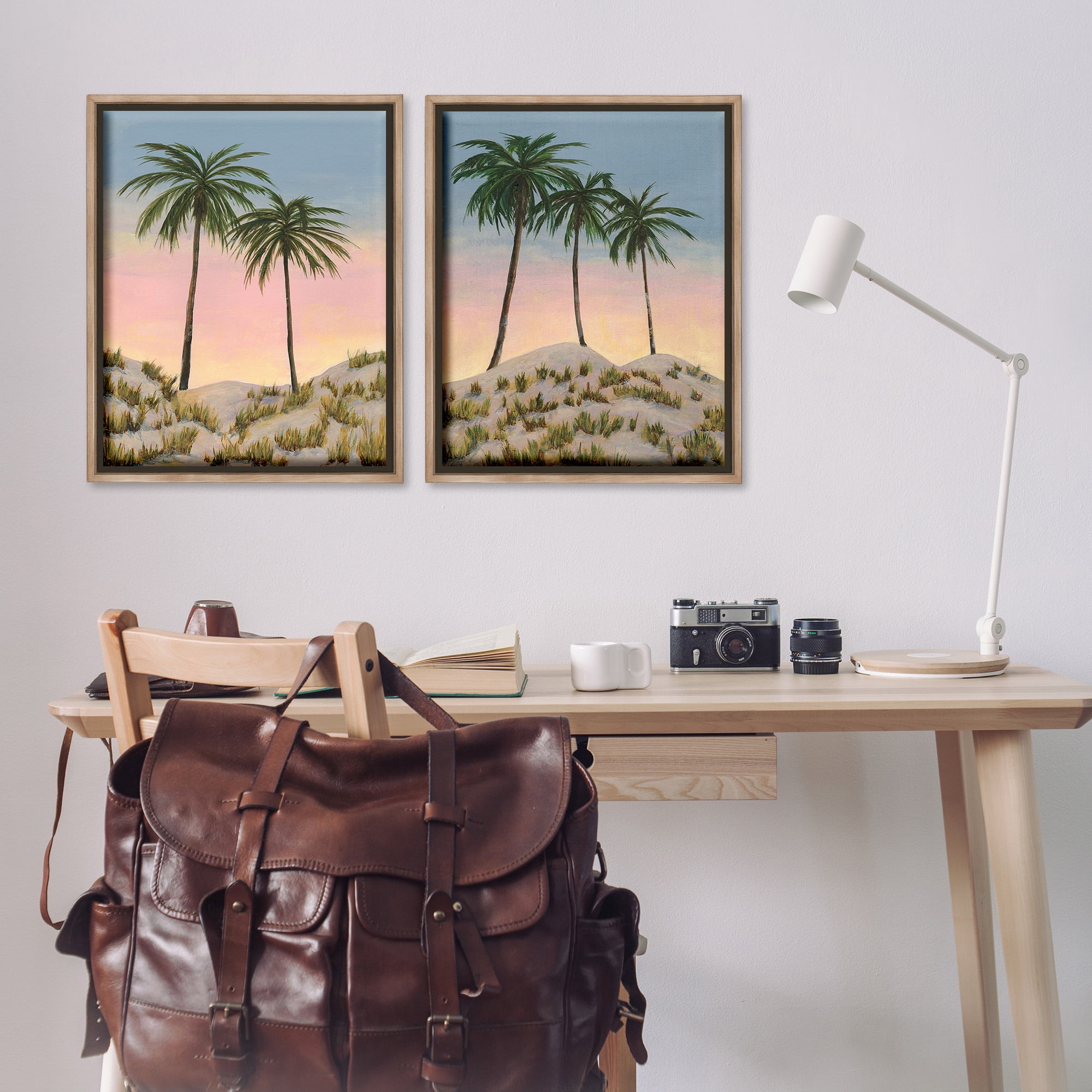 Stupell Industries Sunrise Tropical Scene Landscape Painting Brown Floater Framed Canvas Art Print Wall Art, 25 x 31, Set of 2
