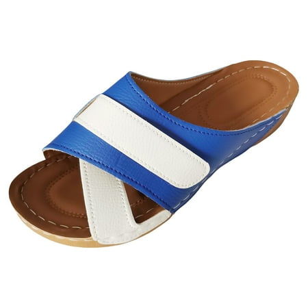 

Ediodpoh Ladies Summer Retro Solid Colour Glossy Hollow Slope Heel Beach Thick Bottom Large Size Arch Bottom Cool Slippers Sandals Women Blue 7(38)