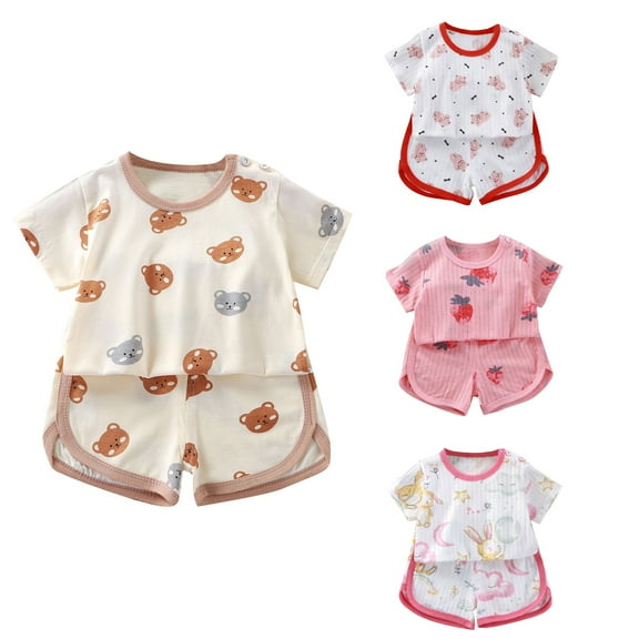 Summer Toddler Kids Clothing Set Shirt and Short Pants Set Boys Girls Printed Round Neck 2 Piece Outfits Children's Casual Set 7 Years Pink