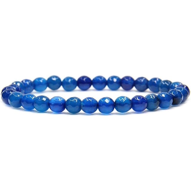 Bracelet Extensible en Perles Rondes de Pierre Précieuse Agate Bleue Naturelle Facettée 6mm 7 Pouces Unisexe