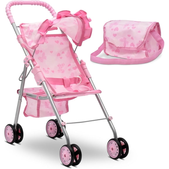 Dolls To Play Baby Doll Stroller for Girls, Foldable Toy Buggy with Canopy, Storage Basket & Diaper Bag, Fits 12-18 Inch Dolls, Pink Butterfly