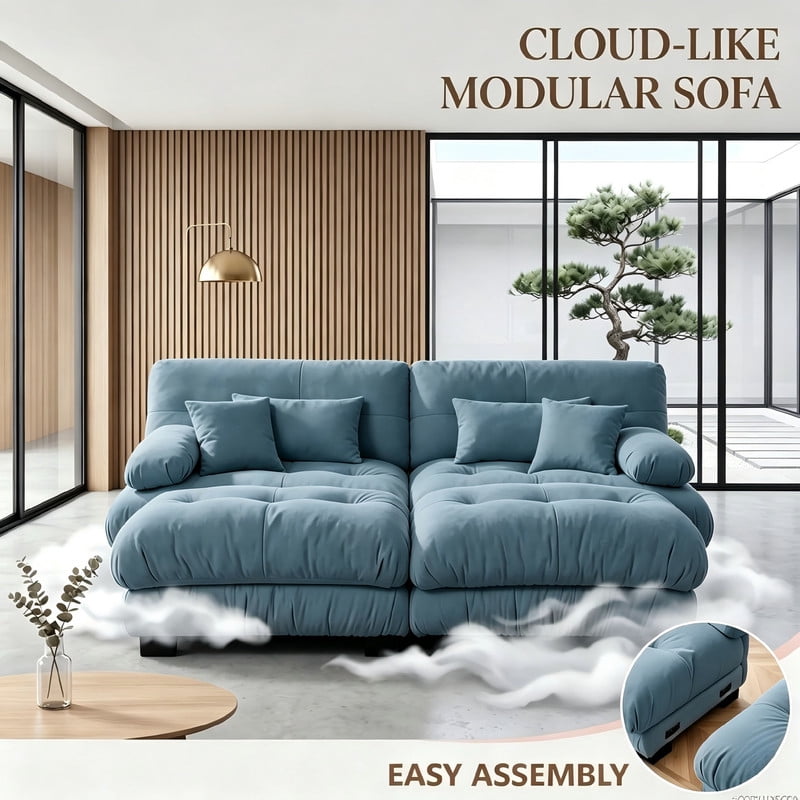 ANPPORT Cloud Couch Sleeper Sofa, Chenille Blue 2-Seater Modular Sofa with 2 Ottomans, 2 Lumbar pillows, 2 Pillows, Comfy Deep Seat Cloud Sofa, Convertible L-Shaped Floor Couch for Living Room