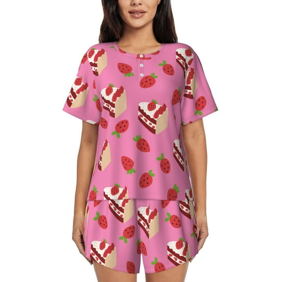 Fuzoiu Strawberry Cake Print Women's Short-Sleeved Pajama Set,Lounge Sleepwear Set,Womens Pajama Sets 2 Piece,Button-Up Top and Shorts with Pockets-3X-Large