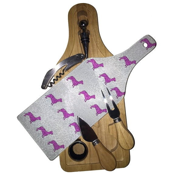 KuzmarK Wine & Cheese Glass Cutting Board Wood Box Gift Set - Dachshund Dogs Pink