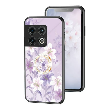 Case For OnePlus 10 Pro 5G Beautiful Glass Texture Metal Ring Kickstand Flower Pattern Luxury Magnetic Car Mounts Shockproof Protective Cover For OnePlus 10 Pro 5G,Purple Magnolia