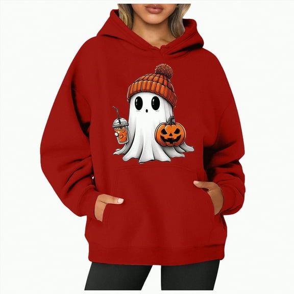 CAUYDY Cute Ghost Graphic Hoodies for Women Halloween Funny Spooky Hooded Sweatshirt Vintage Pullover Casual Tops( Red,L)