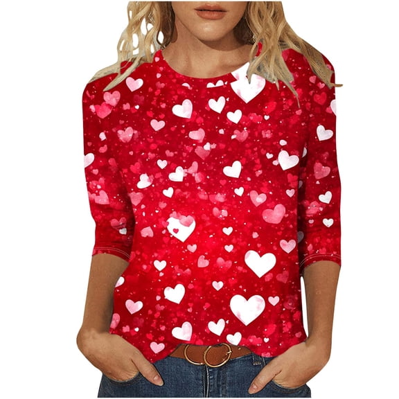 TKLPEHG Valentines Shirts for Women 3/4 Sleeve Tops Crewneck Valentines Day T Shirts Soft Cute Heart Print Lover Gift Tops (Red,XXL)