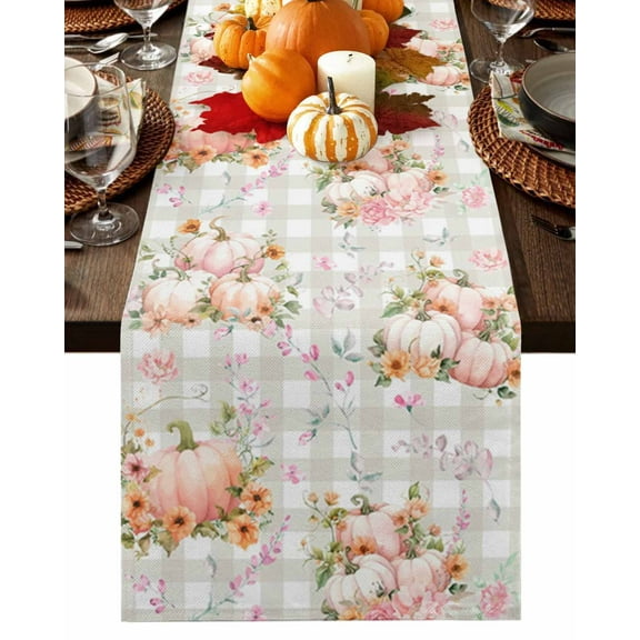 Fall Table Runner Thanksgiving Pink Pumpkin Table Runners Sunflower Floral Buffalo Plaid Cotton Linen Dresser Scarf Kitchen Dining Table Decor for Fall Holiday Party Decor 13x36 Inch