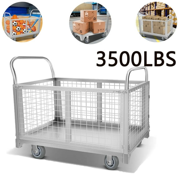 Platform Truck Cart with Cage, 5-in-1Heavy Duty Flatbed Cart, Load 3500LBS with 5" Swivel Casters, Multi-Functional Push Cart for Grocery, Laundry, Pantry, Shelving