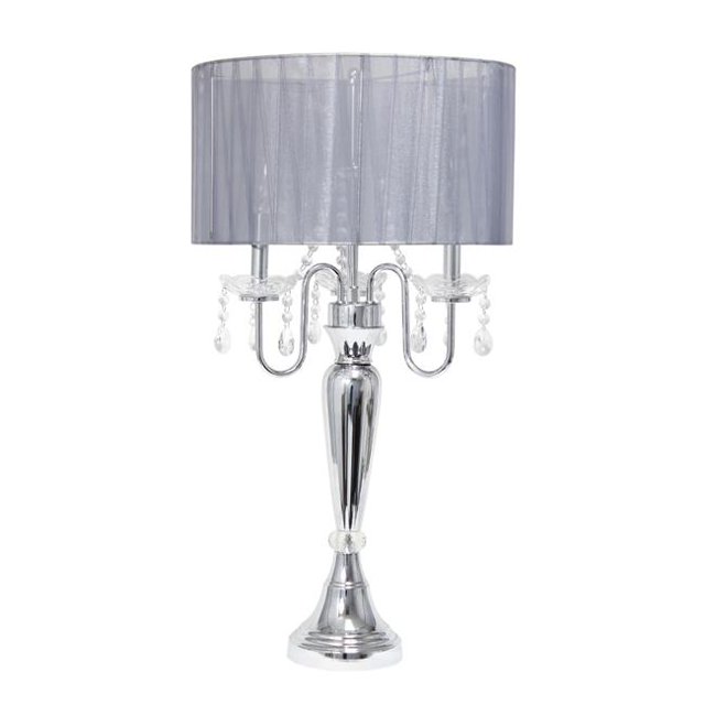 Elegant Designs Romantic Sheer Shade Table Lamp with Hanging Crystals, Gray