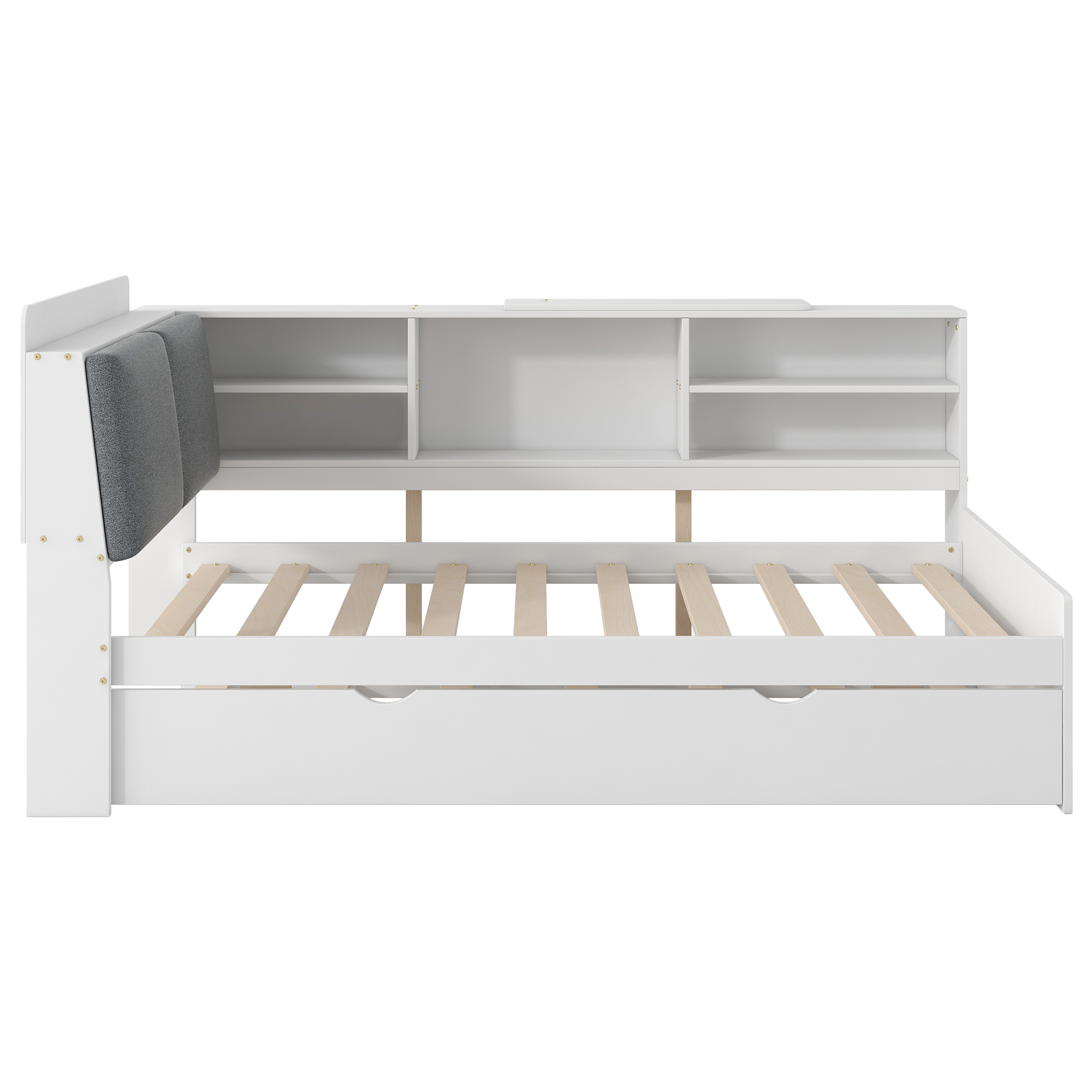 Euroco Wood Twin Size Daybed with Trundle, Low Profile Storage Bed with Shelves and Table, White