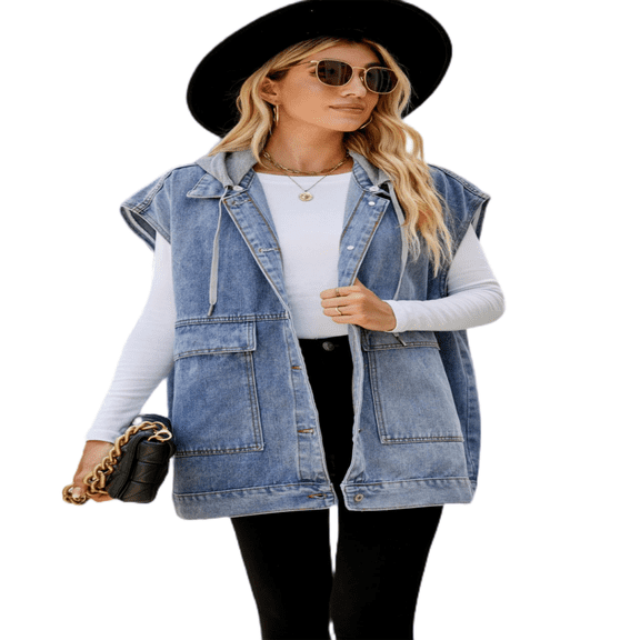 LYMAYTER Women's Oversized Denim Vest Hood Button Down Sleeveless Jean Jacket Vest XS-2XL