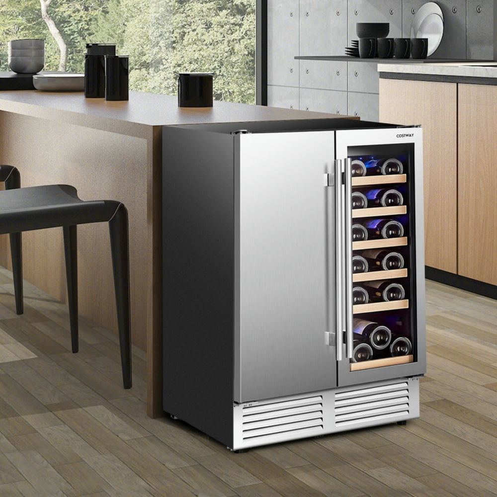 YYAo 2-in-1 Beverage and Wine Cooler with Independent Temperature Control and LED Lights-Silver