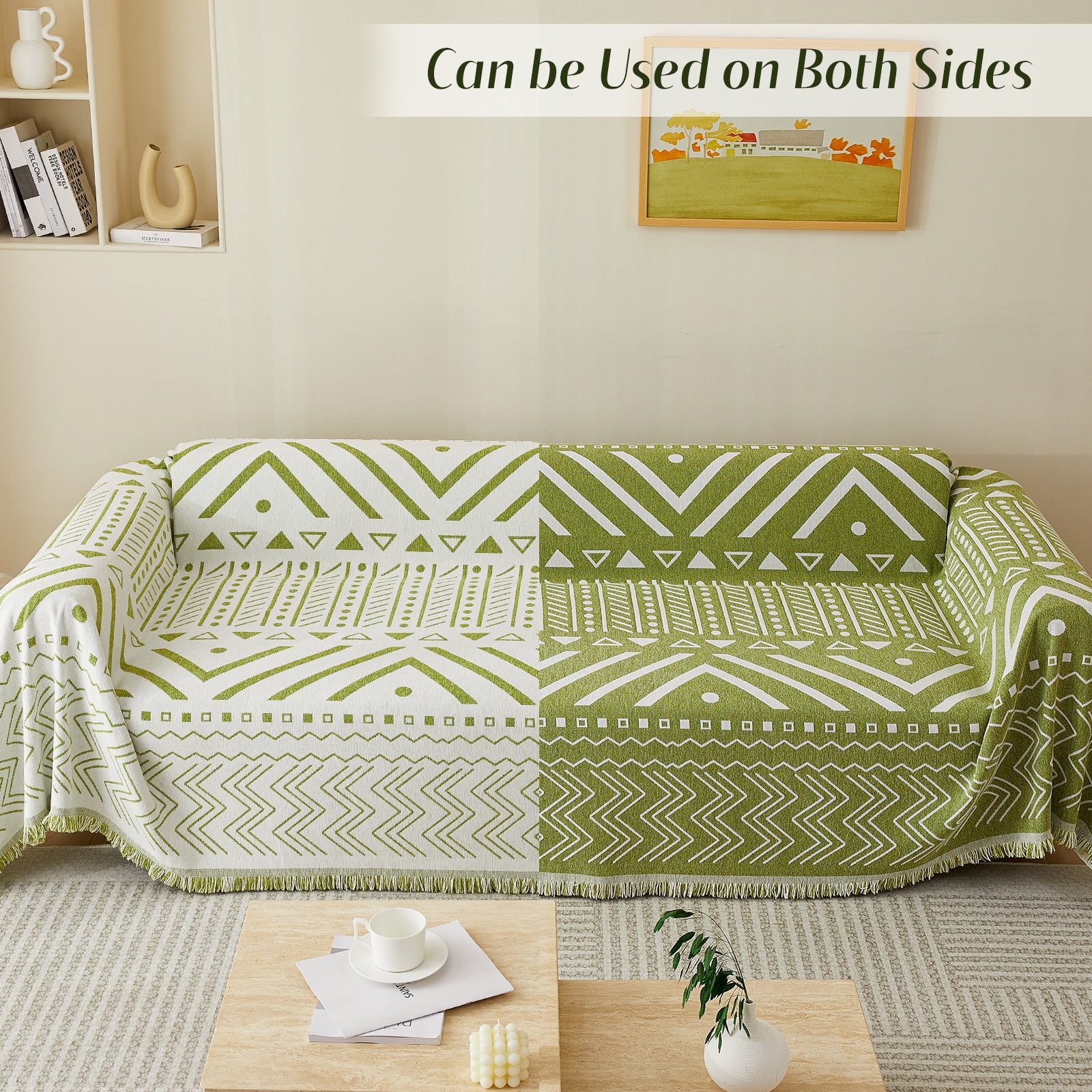 WOOW DEPOT Boho Chenille Sofa Cover Reversible w/ Tassel, Washable Throw Blanket L Shape Slipcover for 2 Cushion Couch, Sage Green & White Geometric, 71"x118"