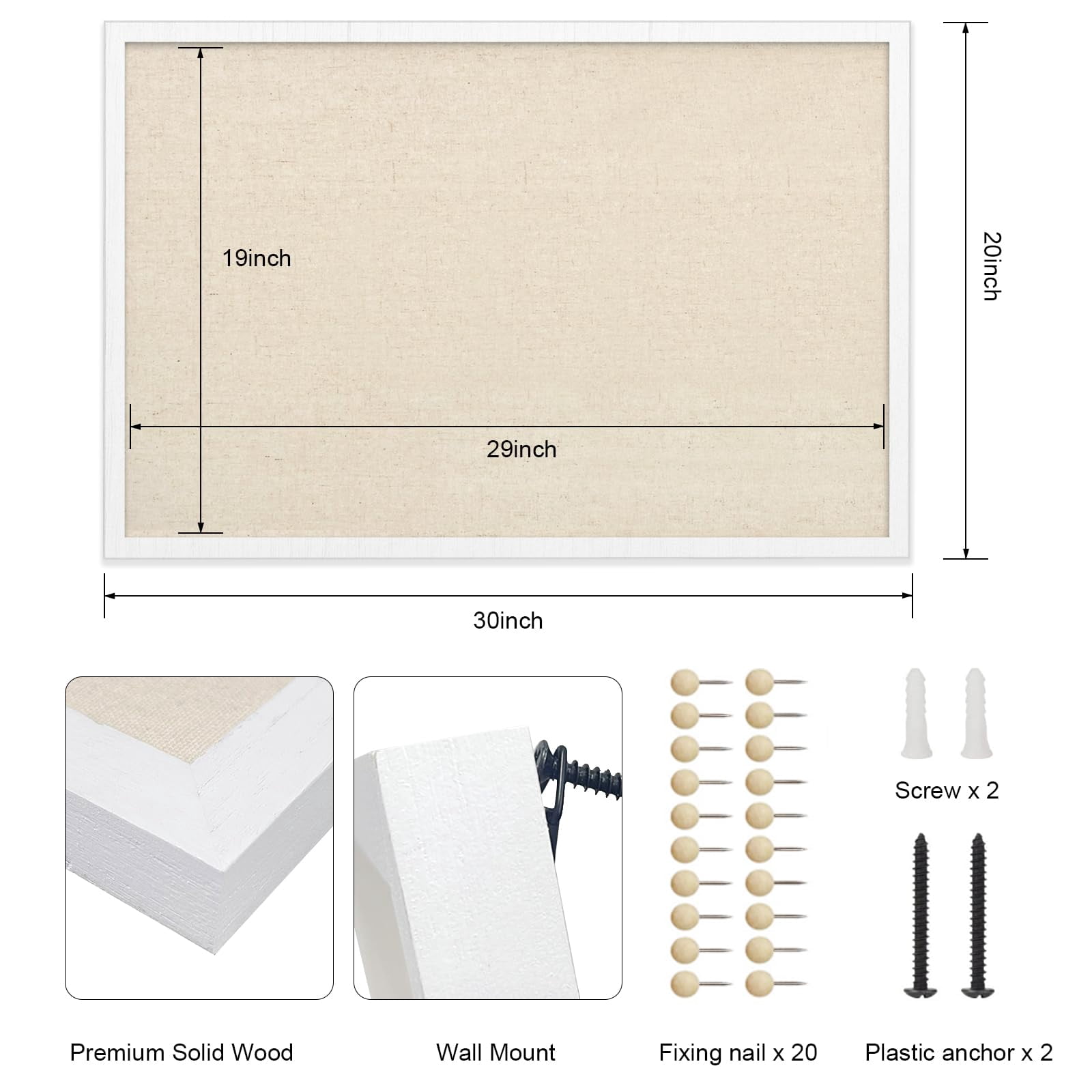 Sfugno Large Bulletin Board 30x20 inch with Linen Wood Boards Wall Decor Hanging Pin Wood Framed Display Bulletin Cork Photo Picture Board Light for Room School Office,White