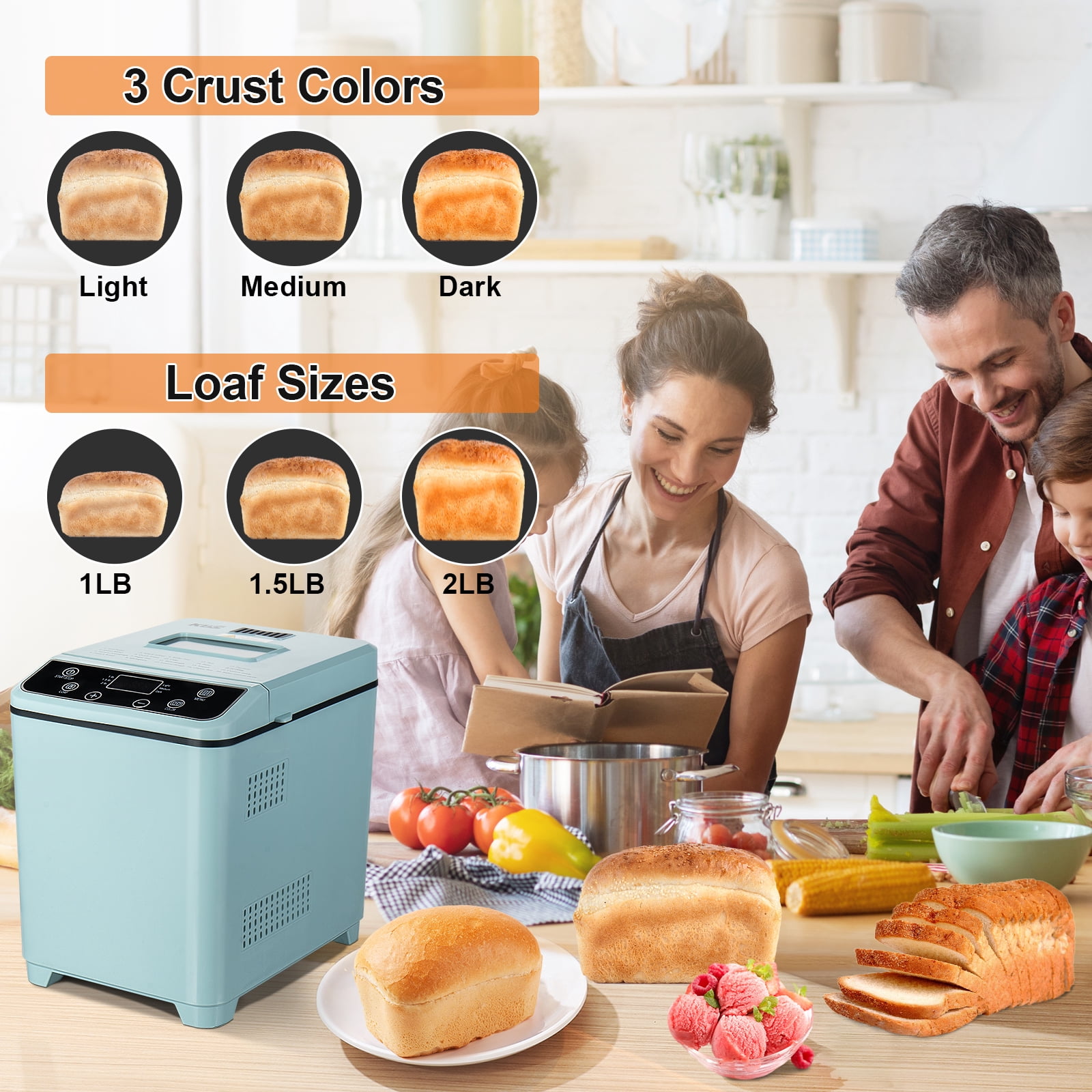 KBS  Bread Maker Machine with Ice cream program,20-in-1 2LB Fully automatic bread machine，DIY setting,15 Hour delay timer,Green Model#070 Ice cream version