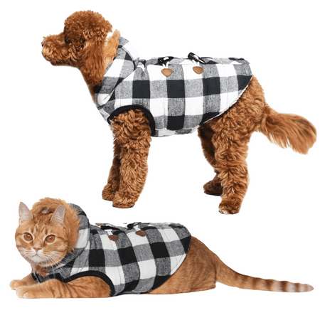Vibrant Life Dog Clothes: Black & White Buffalo Plaid Peacoat  Size S