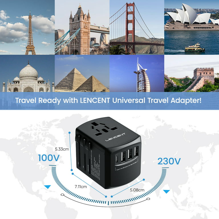 LENCENT Universal Travel Adapter, International Charger with 3 USB Ports  and Type-C PD Fast Charging Adaptor for iPhone, Samsung, Tablet, Gopro. for  Over 200 Countries Type A/C/G/ I (USA, UK, EU AUS) 