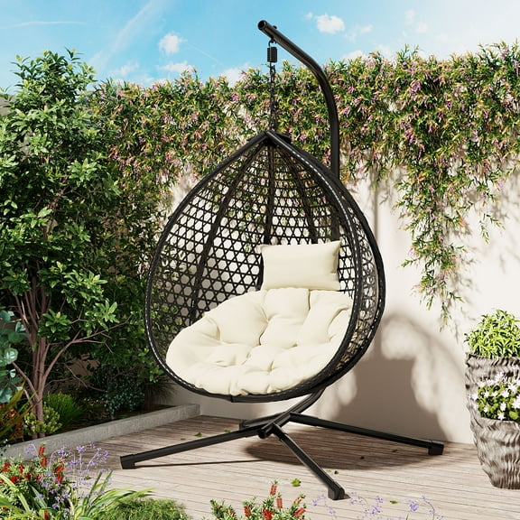 U_STYLE Sturdy Hammock Chair with Stand, Durable Hanging Egg Chair with Rattan Weaving ,Comfortable Indoor Outdoor Swing chairs with Soft Removable Cushion,Suitable for Balcony, Bedroom,or Garden