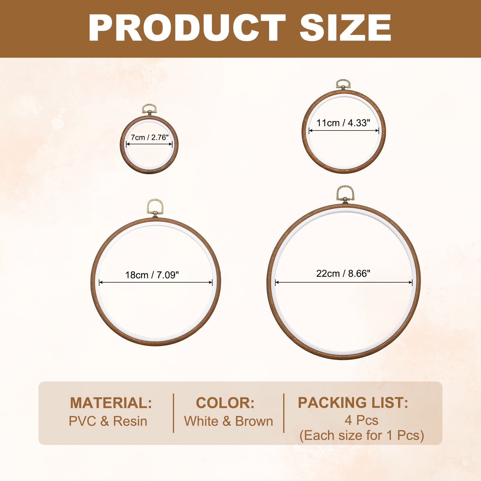 4 Pcs Embroidery Hoop Frame, Imitated Wood Round Cross Stitch Hoops with Metal Ring for Embroidery DIY Craft Sewing Wall Decor (9.84/8.27/5.12/3.54 Inch White & Brown)