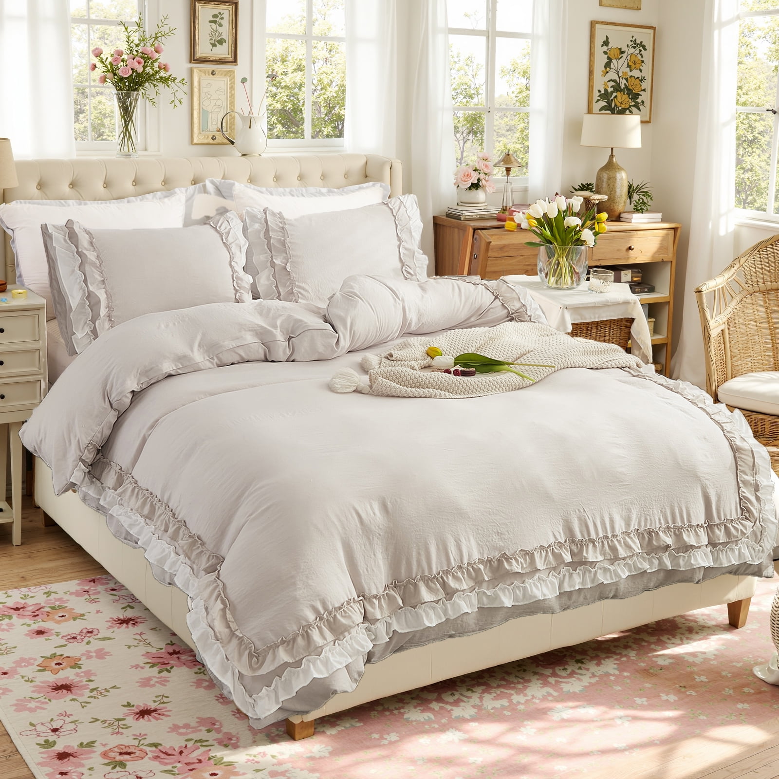 Boho Ruffled Comforter Set Super Soft Cozy Bedding Set with Pillowcases Elegant Chic Bedroom Decor Rustic Farmhouse Quilt Comforter 3 Pcs Set