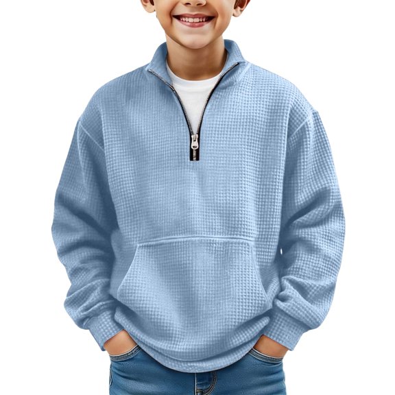 Hudaneo Back to School Boys Long Sleeve Waffle Knit Quarter Zip Sweater, 3-14 Years