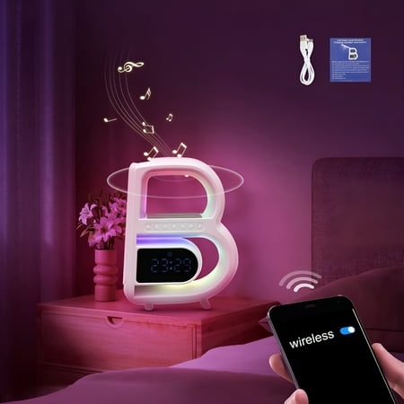 HIBIBUD 2026 New Led Table Lamp Ambient Lamp Bluetooth Speaker Clock Light Dimmable Bedside Lamp Alarm Clock Wireless Charger Night Light 15W Fast Charging,White