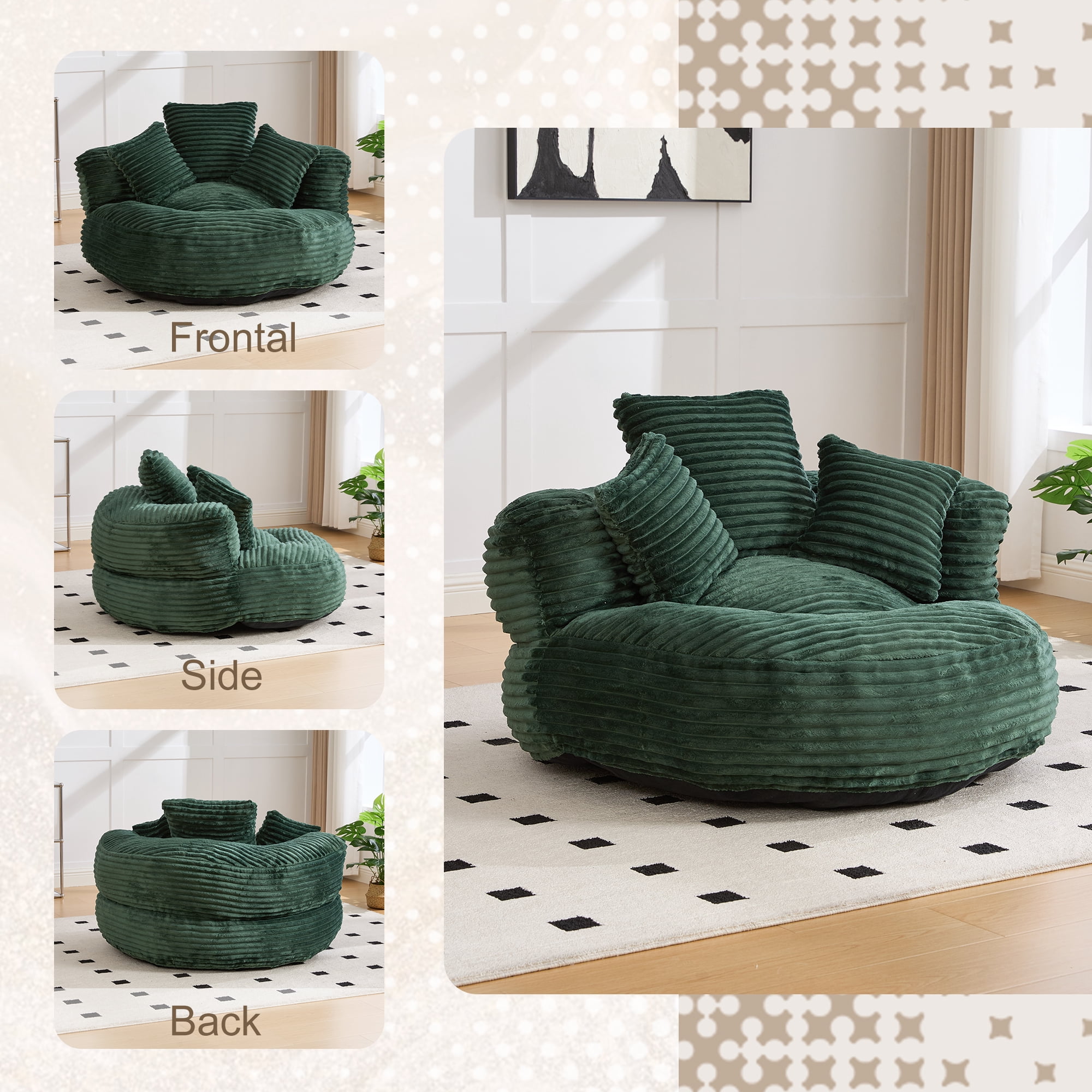 CKEASEAN Oversized Bean Bag Chair for Adults with Armrests & 3 Pillows, Corduroy Bean Bag Sofa with Memory Foam Filler, Lazy Floor Chair No Assembly, Comfy Lounge Seat for Living Room Relaxing