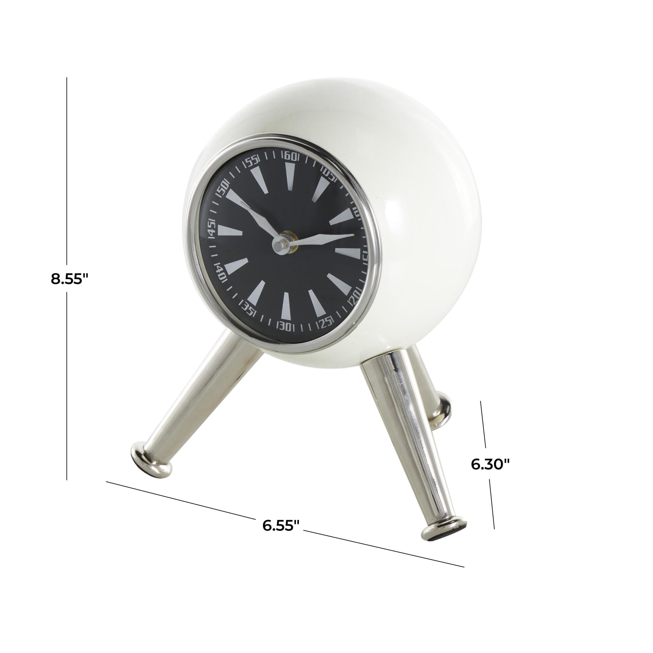 DecMode 9" Silver Aluminum Metal Orb Clock with Black Clockface and Silver Tripod Legs