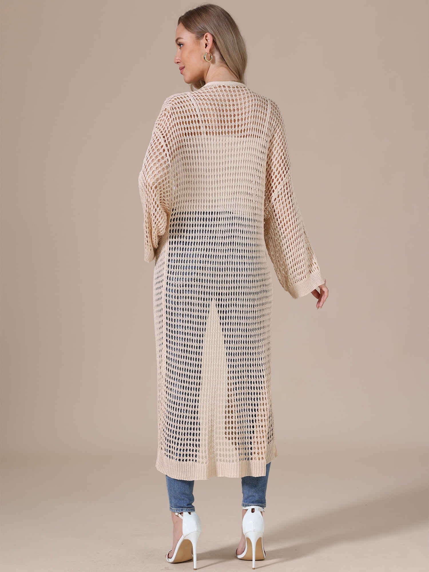 DARING DIVA Women's Long Sleeve Hollow Out Crochet Open Front Long Cardigan L Beige