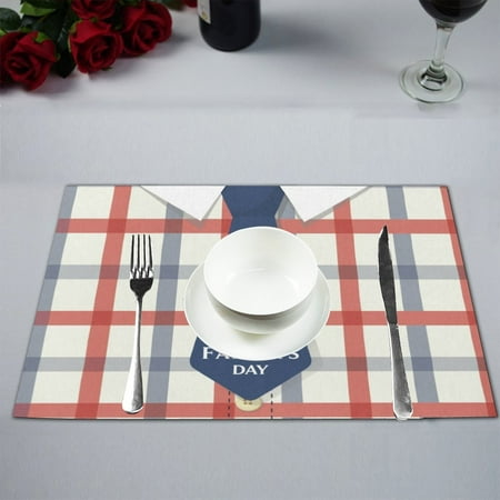 St Patricks Day Placemats MKHERT Happy Father's Day with Blue Tie in Checkered Plaid Placemats Table Mats for Dining Room Kitchen Table Decoration 12x18 inch,Set of 4 ()