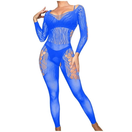 BYHONG Womens Silk Stockings Lace Jacquard Mesh Stockings Hanging Neck Lace Lace Long Sleeved Silk Stockings Lingerie Women s Underwear Blue One Size