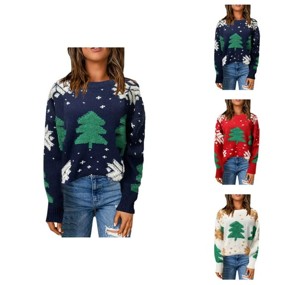 Cute Christmas Tree Sweaters for Women 2025 Long Sleeve Crewneck Xmas Knitted Pullover Sweater Jumper Tops