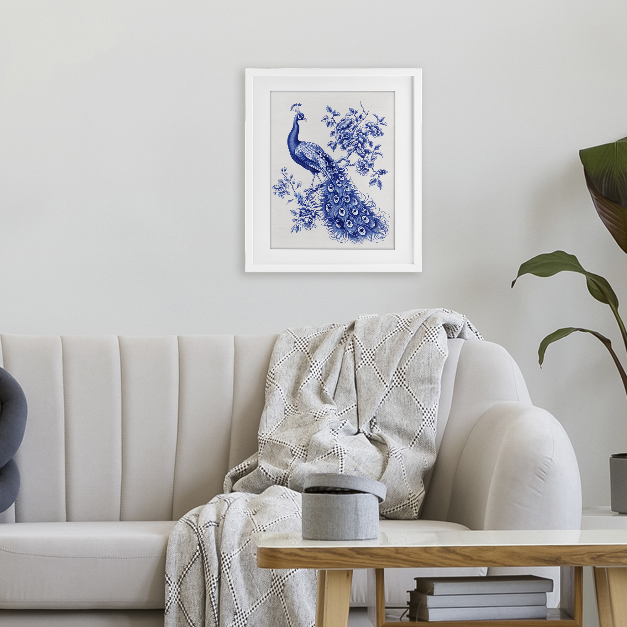 Vintage Peacock in Toile Style White Framed Print Under Glass, design by Lettered and Lined