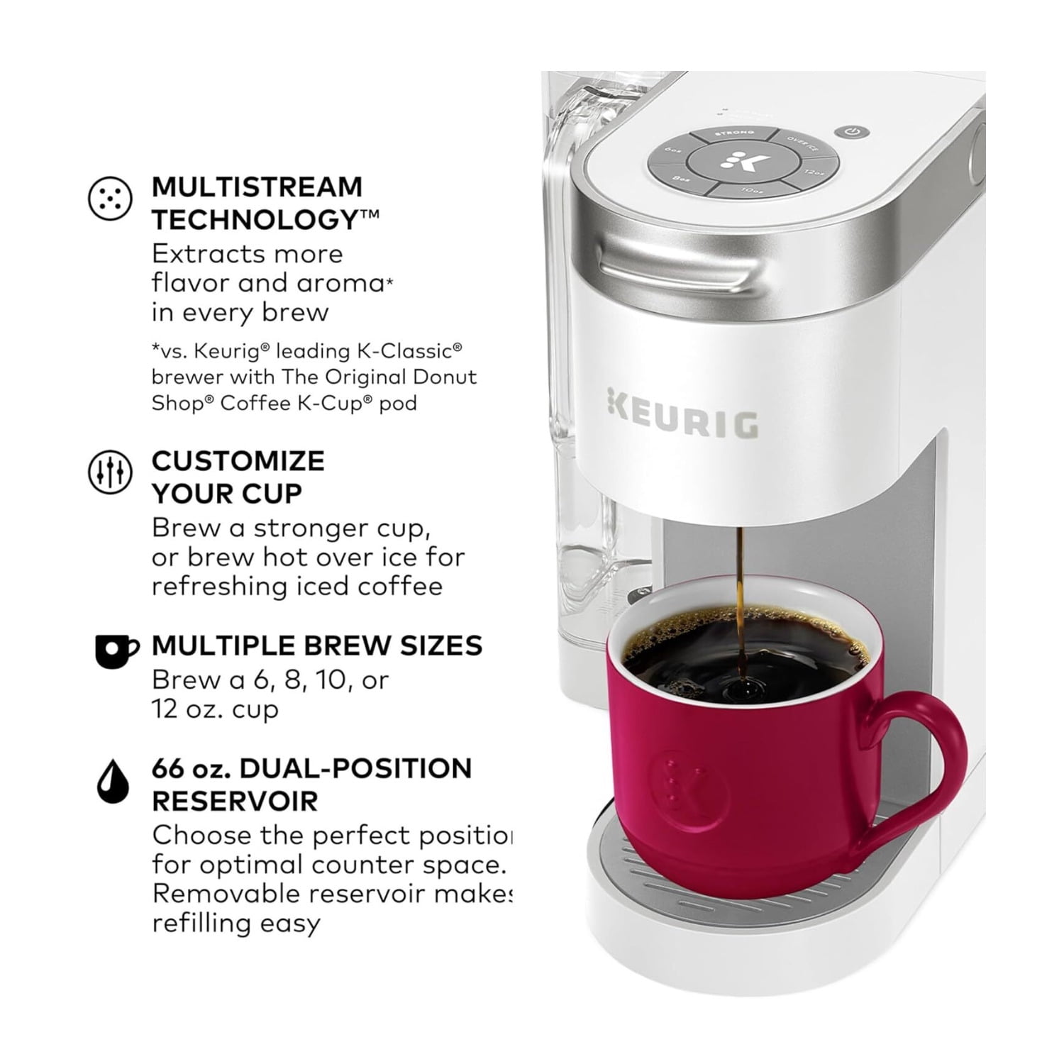 Keurig K-Supreme Single Serve K-Cup Pod Coffee Maker with MultiStream Technology, 4 Brew Sizes and 66oz Dual-Position Removable Reservoir (White)
