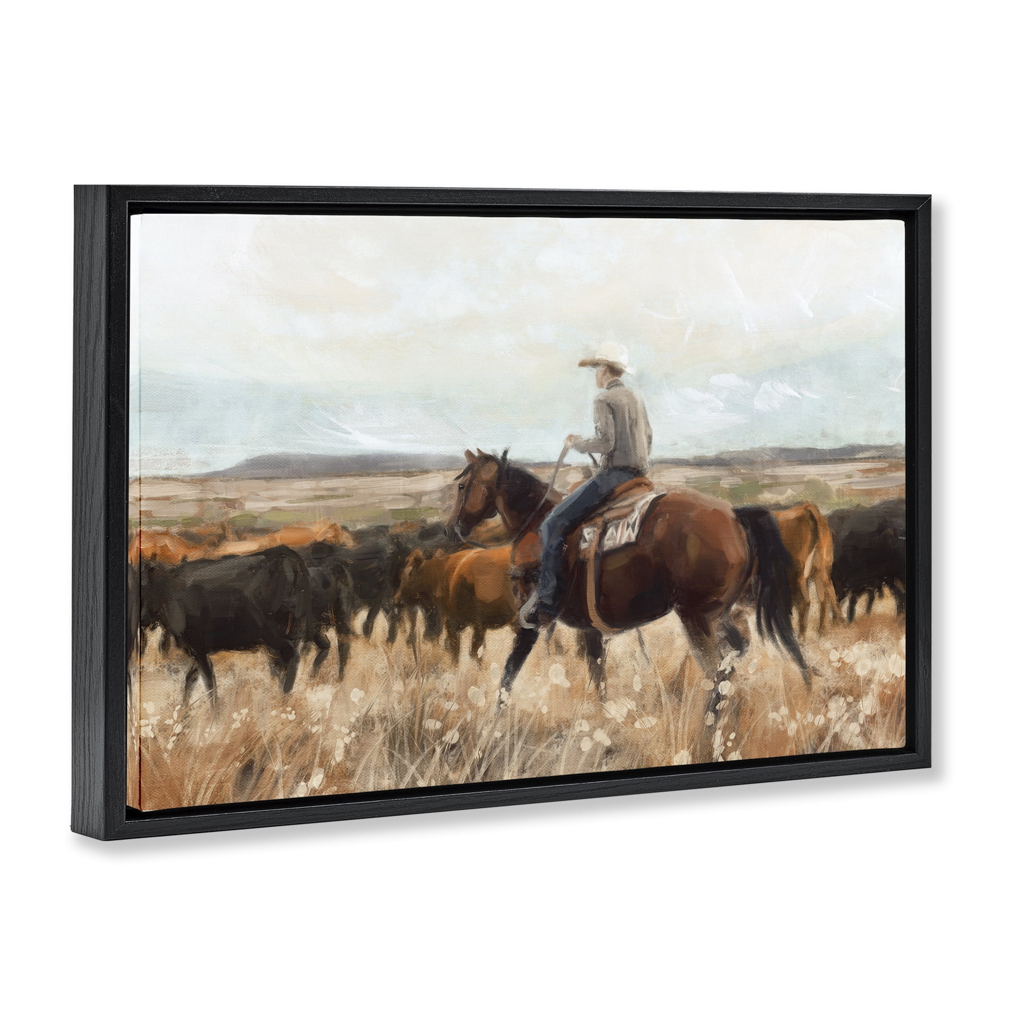Stupell Industries Cowboy On The Range Landscape & Nature Painting Black Floater Framed Canvas Art Print Wall Art, 25 x 17