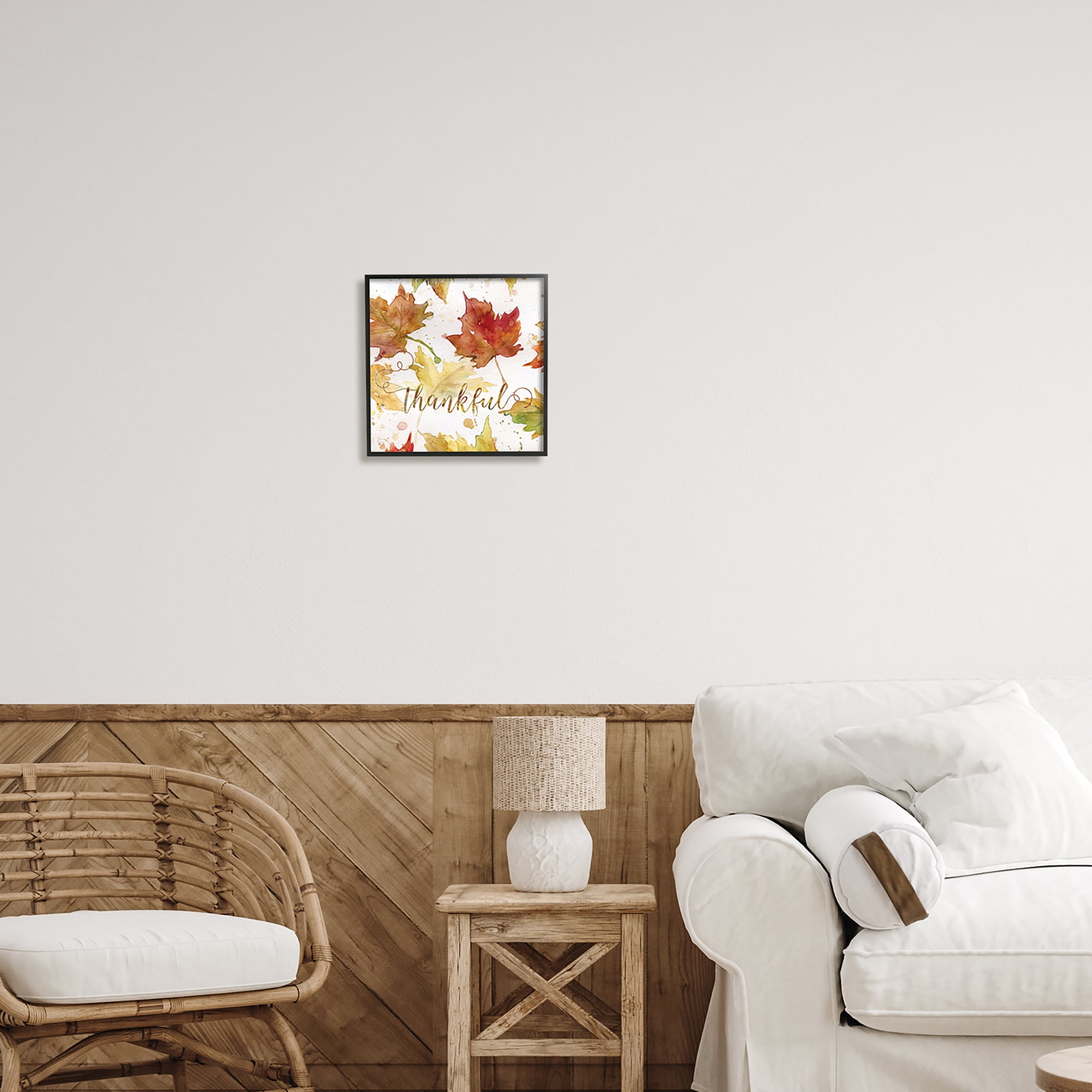 Stupell Industries Thankful Fall Leaves Holiday Painting Black Framed Art Print Wall Art, 12 x 12