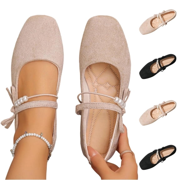 Women's Square Toe Mary Jane Flats, Solid Color Pearl Strap Bow Flat Shoes, Soft Upper Casual Slip On Shoes for All Seasons