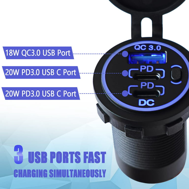USB C Car Charger Socket – Newest 58W Lengthened RV USB Outlet 12V Socket  Dual 20W PD3.0 USB-C and 18W QC3.0 Car USB Port with Button Power Switch  for