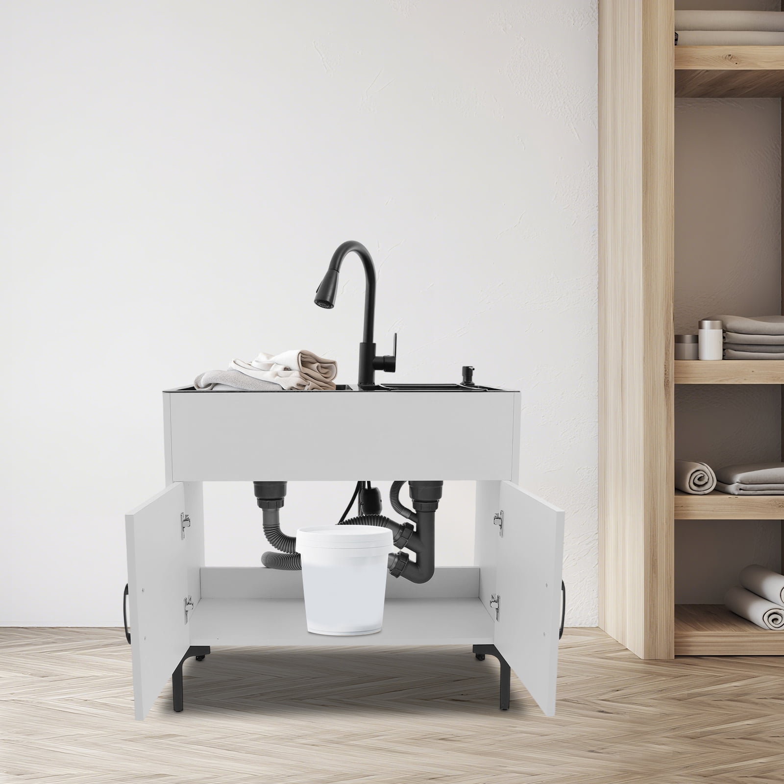 Laundry Sink with Cabinet, Sink with Pull-Out Faucet and Cabinet, Freestanding Kitchen Sink
