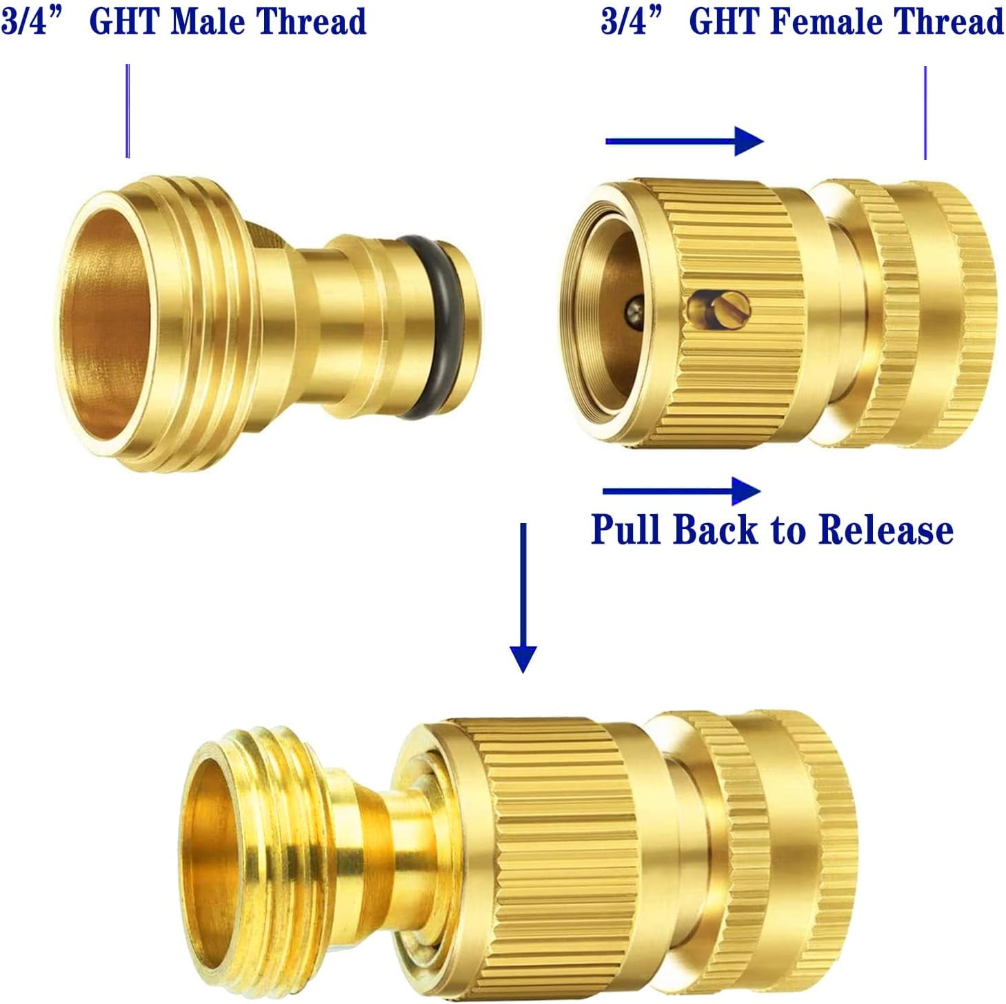 HRTGFD-Garden Hose Quick Connector, 3/4 Inch GHT Thread Quick Connect Kit, 4 Sets Solid Brass Water Hose Fittings, No-Leak Water Hose Female Adapter and Male Adapter