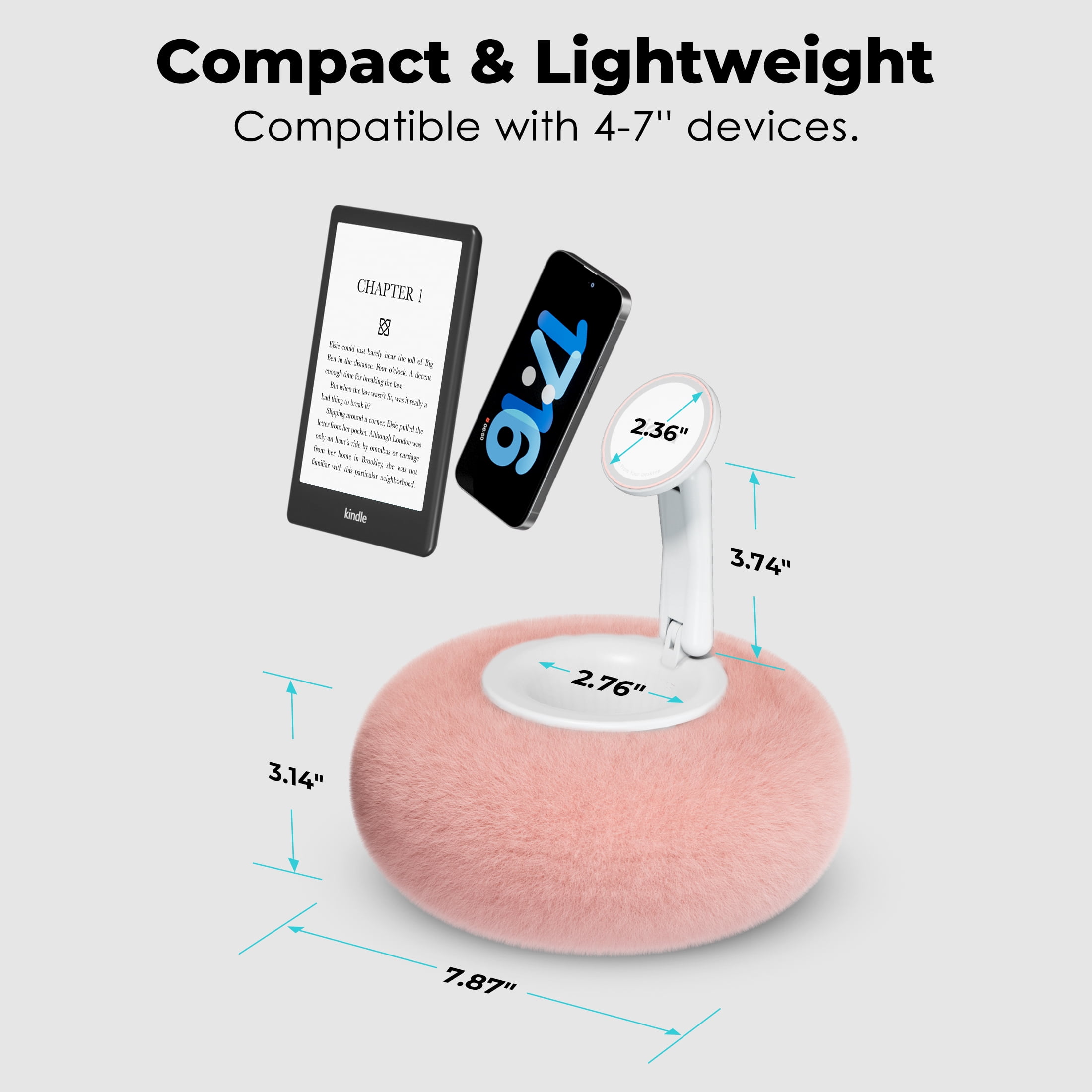 Viozon Phone Holder for Bed, Magnetic Pillow Stand, Compatible with 4-7" Devices with Small Storage Pink