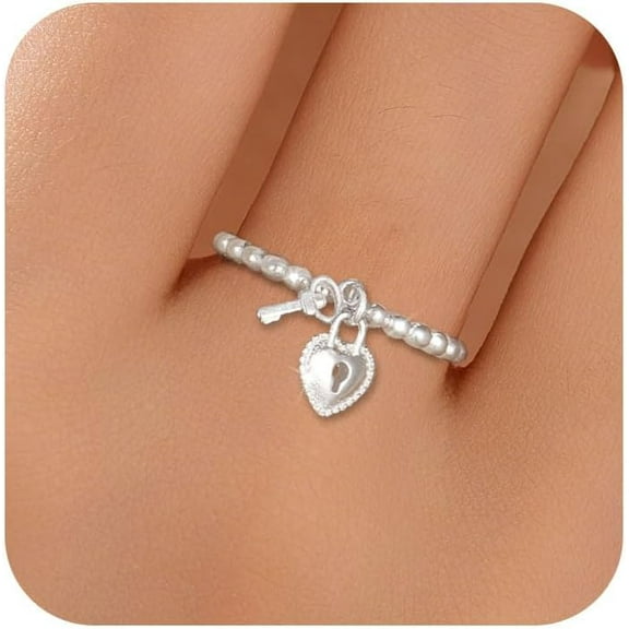925 Sterling Silver Adorable Heart Dangle Bead Ring for Women Love Lock Key Eternity Wedding Band Ring to Daughter Dainty Promise Rings Adjustable Engagement Christmas Birthday Jewelry Gift