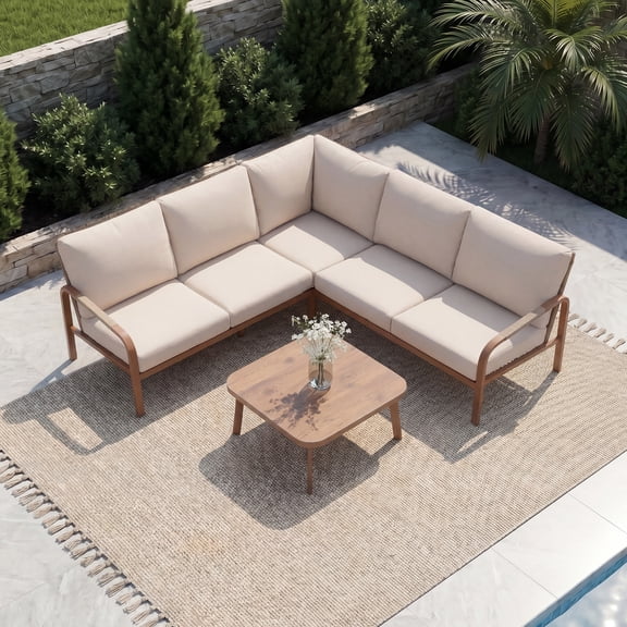 CozyJoy Aluminum Outdoor Corner Sofa Set with Coffee Table – Rattan Backrest Patio Lounge Furniture for Courtyard and Balcony,Beige